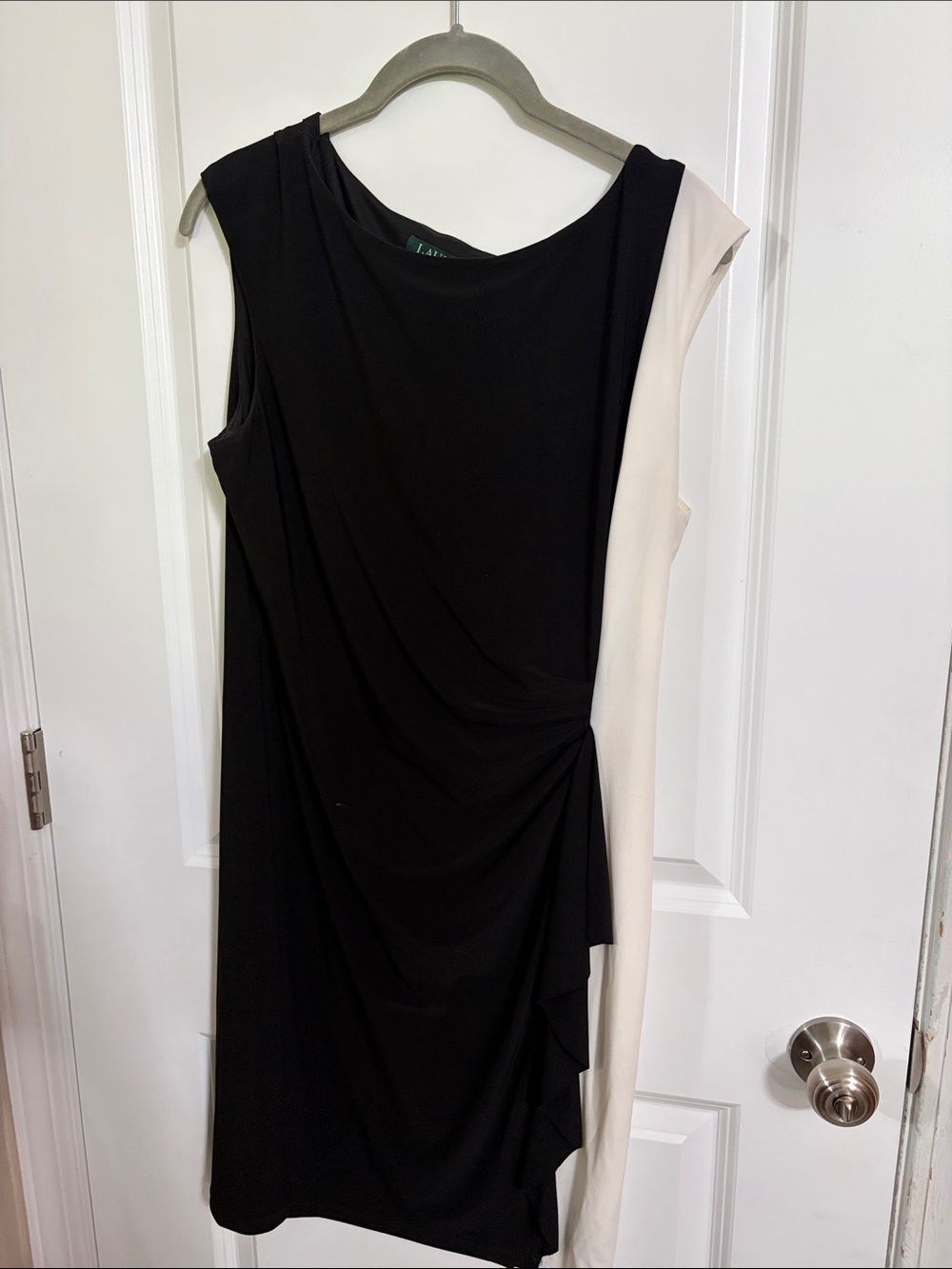 Ralph Lauren Black and Cream Sleeveless Draped Midi Dress